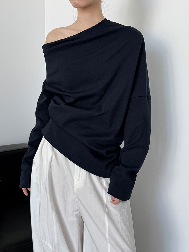 Irregular design slanted shoulder long-sleeved sweater women's autumn new lazy Sorona off-the-shoulder top