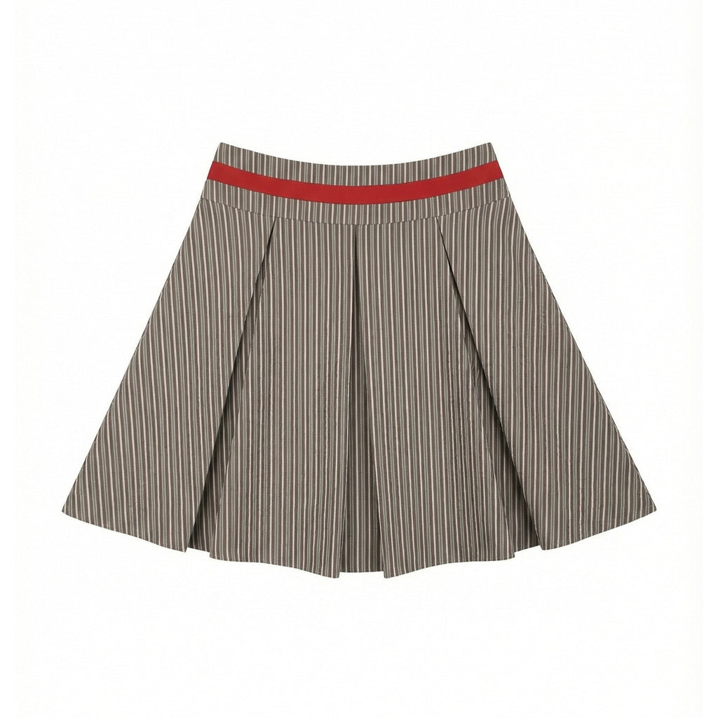 Contrasting Belt Striped Pleated Skirt