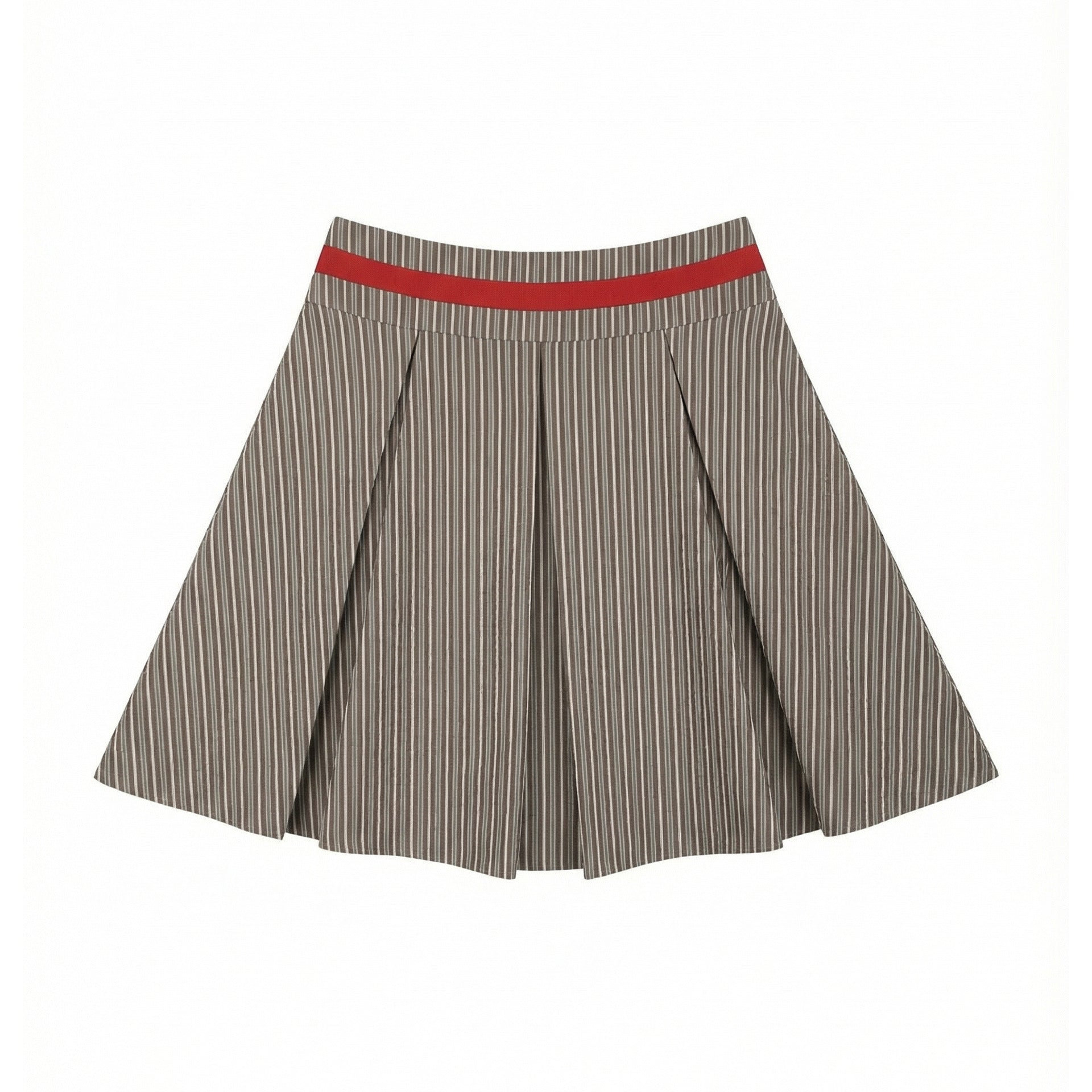 Contrasting Belt Striped Pleated Skirt