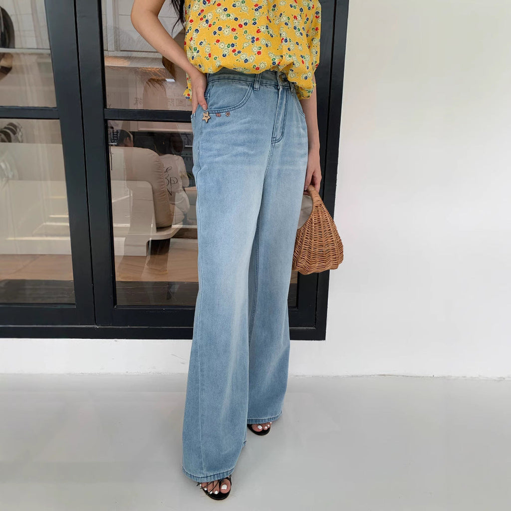High waist polyester cotton slightly washed light blue jeans