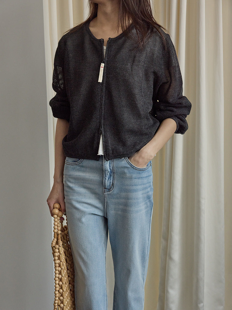 Double-ended zipper gentle white hollow knitted sunscreen shirt long sleeves