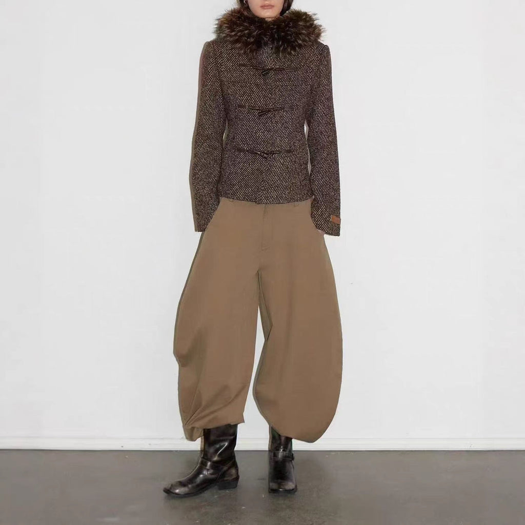 2026 retro twill wool removable fur collar slim and thin woolen jacket women's short waist woolen goods autumn and winter