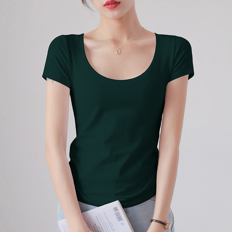 Round Neck Short Sleeve T-Shirt Women Slim Fit Cotton Base Layer Top