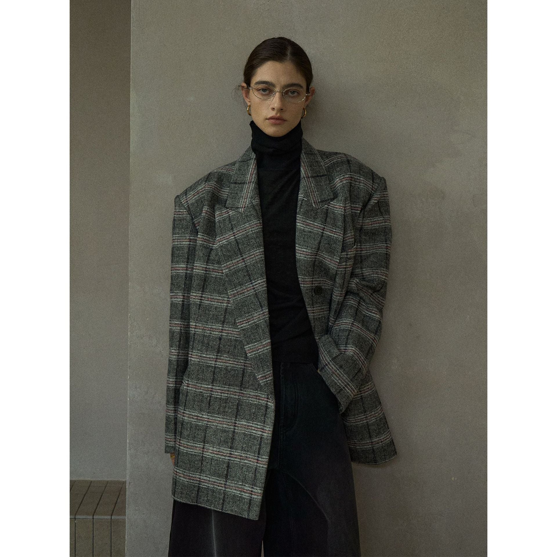 Autumn Design Retro Casual Wool Plaid Classic Wide Shoulder Suit