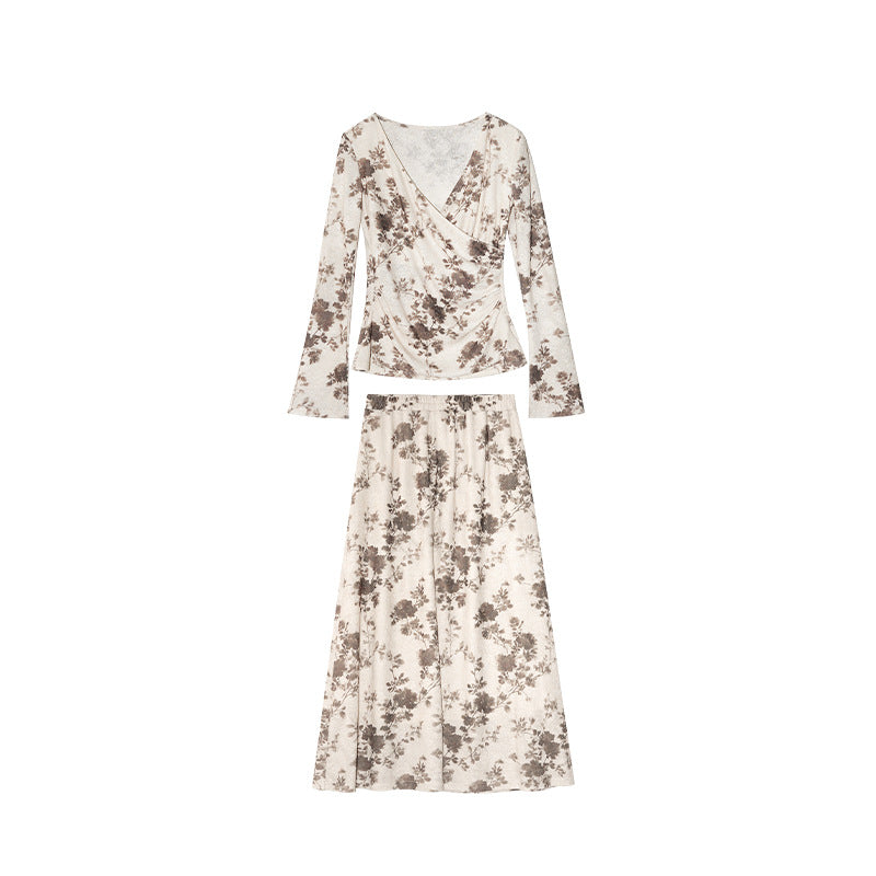 Vintage Premium Printed Long Sleeve Two-piece Set Floral Skirt Set