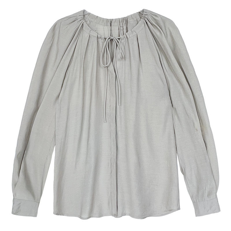 Tencel light and transparent neckline pleated lace-up shirt women's summer new shirt long-sleeved top