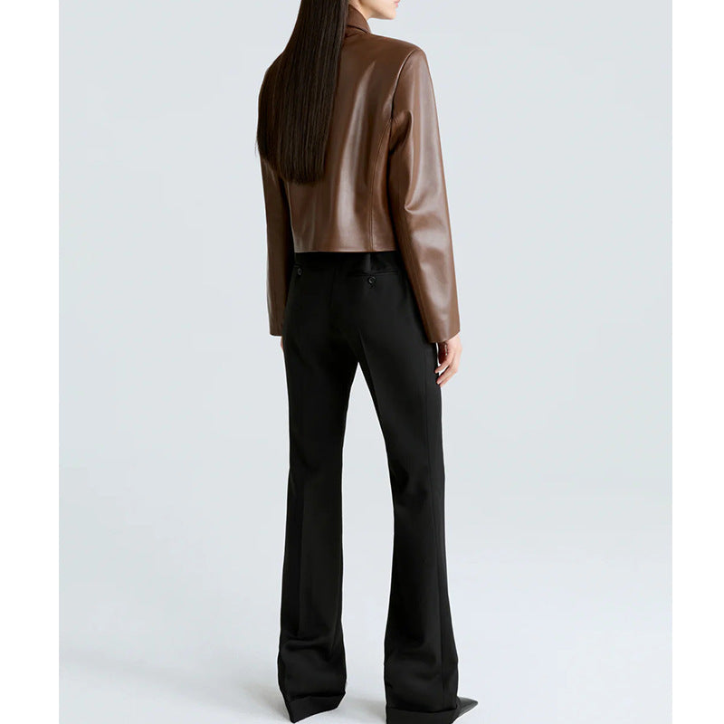 Lapel leather jacket jacket women's autumn and winter long-sleeved short trench coat