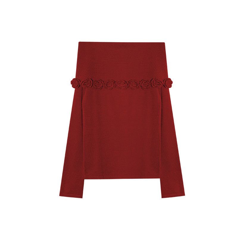 Gentle and sweet one-word collar three-dimensional flower decorative sweater for women