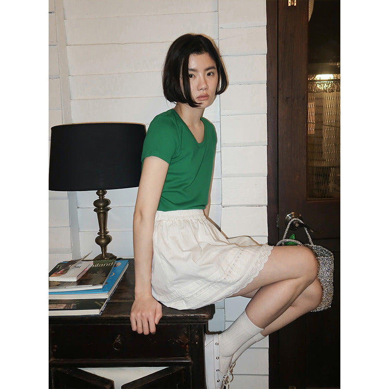 Small white dress lace splicing elastic waist lazy summer short skirt