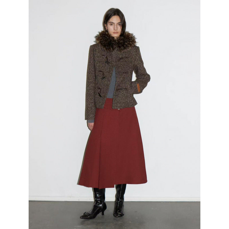 2026 retro twill wool removable fur collar slim and thin woolen jacket women's short waist woolen goods autumn and winter
