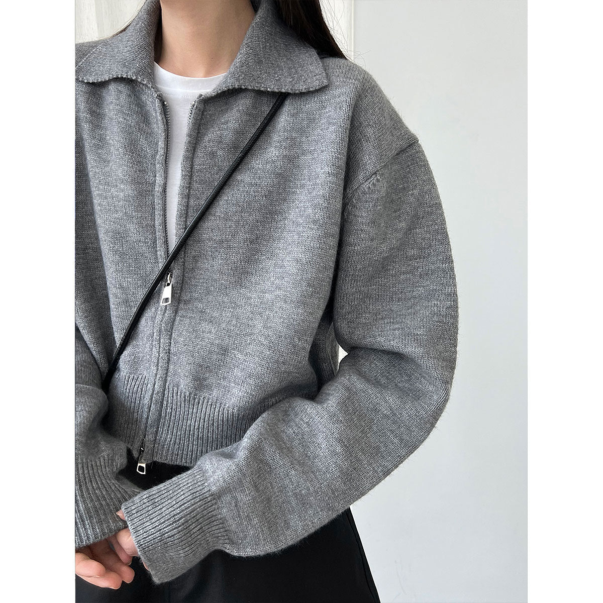 High-end short double zipper sweater jacket women's autumn knit cardigan polo lapel top