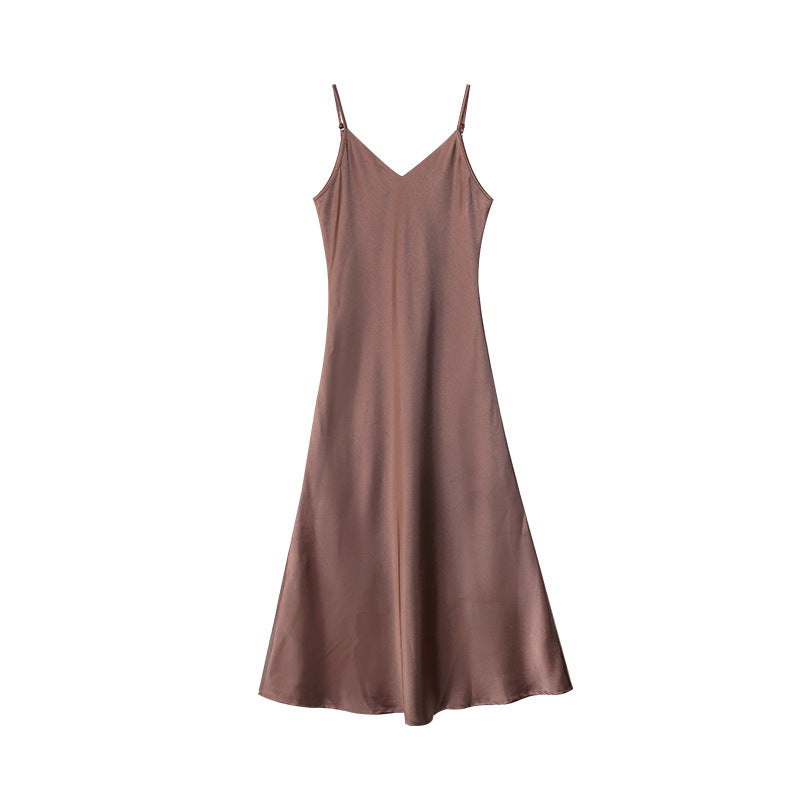 Elegant temperament v-neck satin slim-fit suspender dress