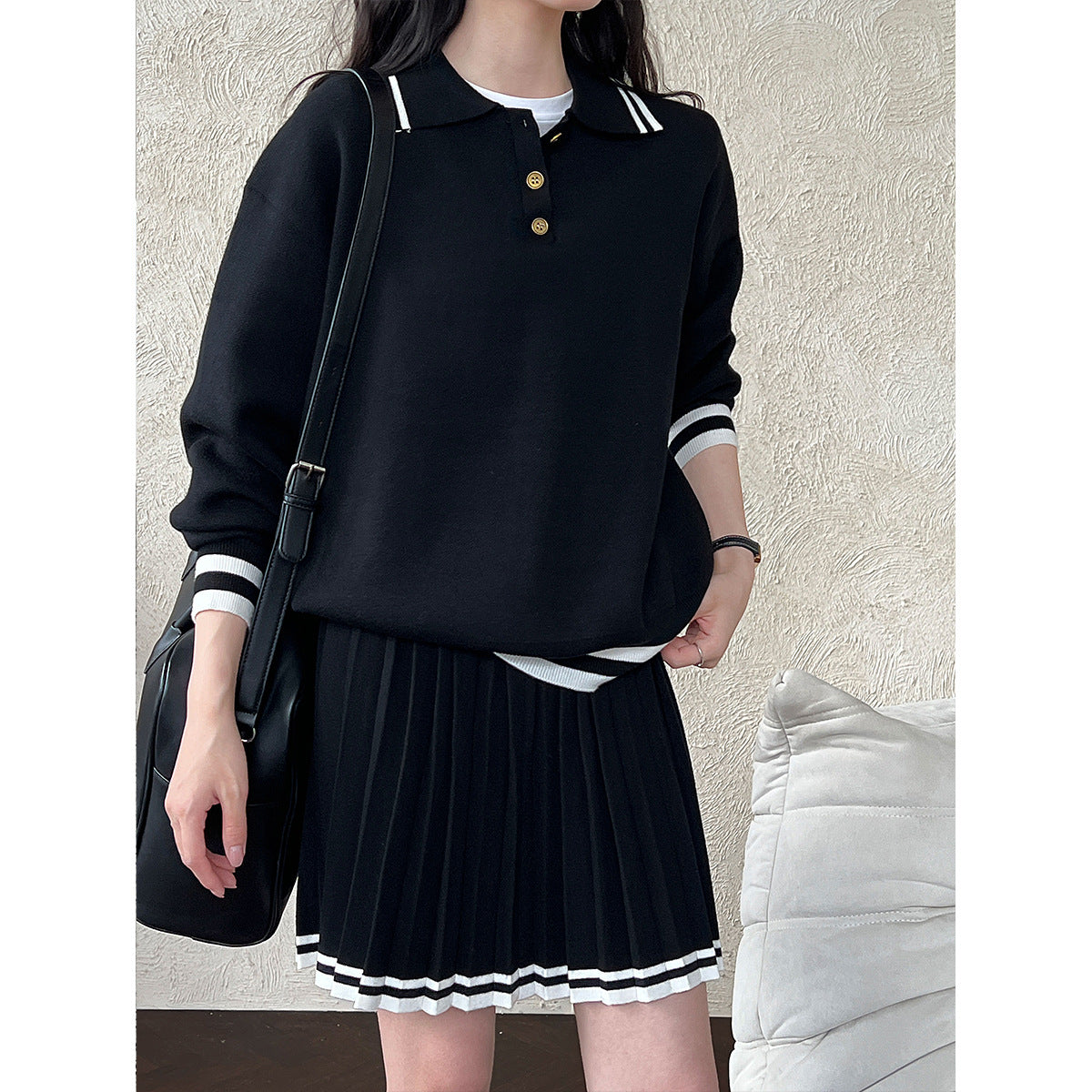 Academy style polo neck sweater + high waist pleated skirt set