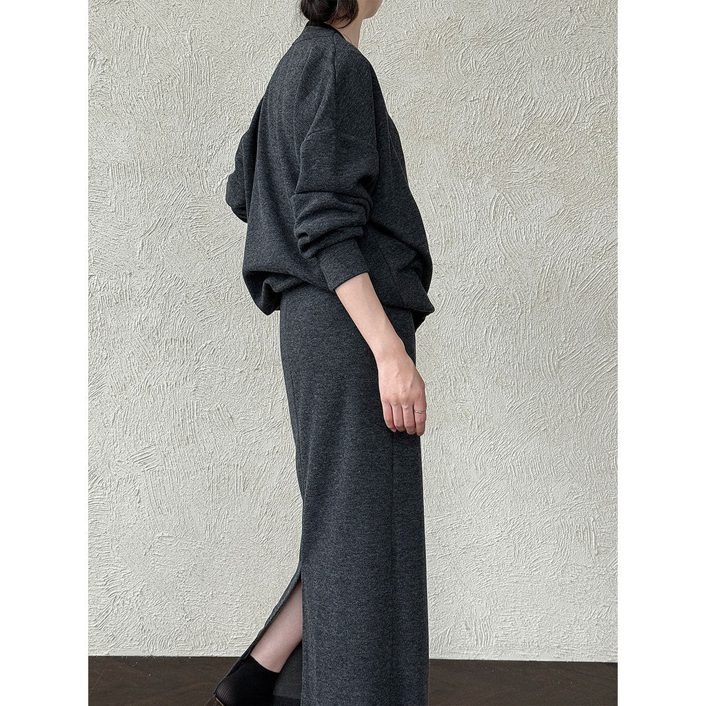 Soft waxy wool diagonal placket splicing top + high waist skirt two-piece women's autumn suit