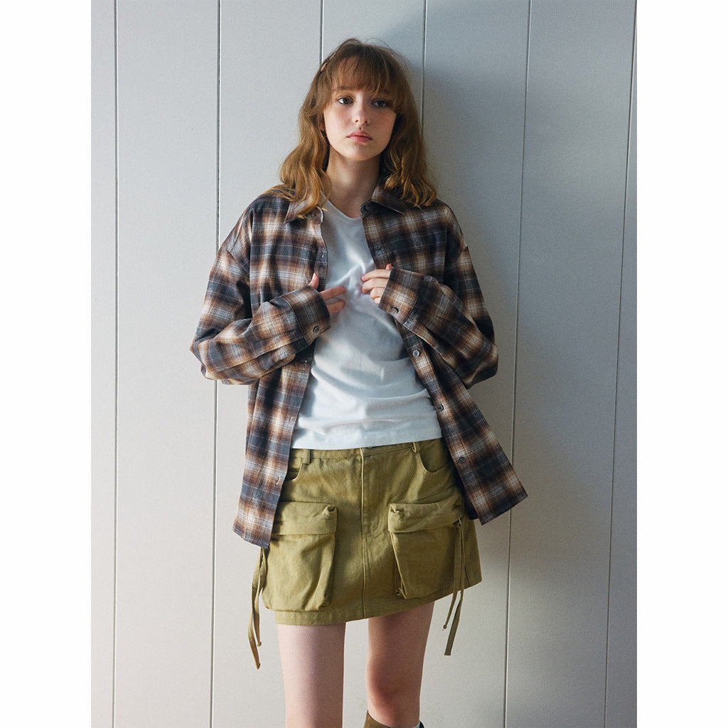 Autumn new casual lapel classic retro cotton versatile plaid medium and long shirt