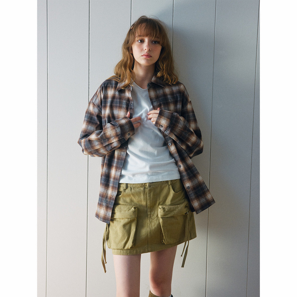 Autumn new casual lapel classic retro cotton versatile plaid medium and long shirt