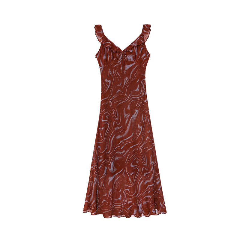 Spring French retro wavy edge lace-up v-neck sleeveless suspender dress