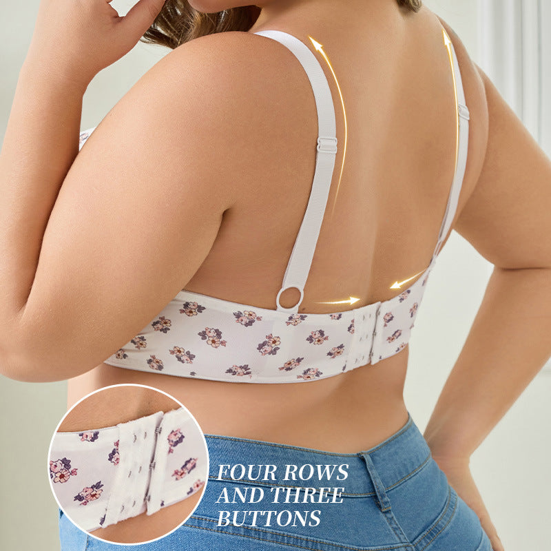 Fattened and enlarged large-size bra, printed lace gathered, supported on the top, large breasts and small women's large-breasted underwear