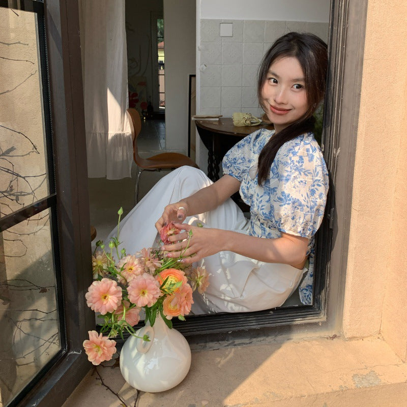 French sweet v-neck lace-up waist floral shirt