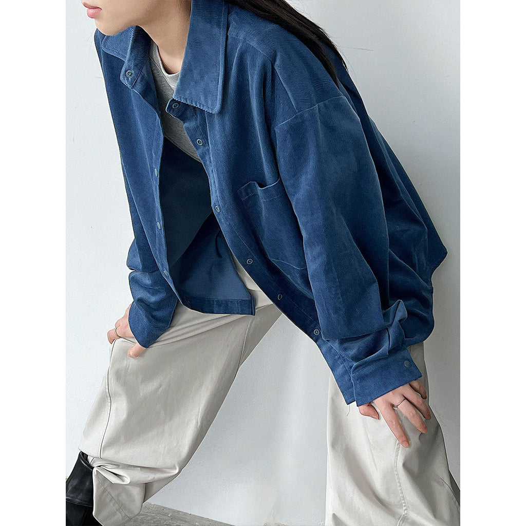 Korean lapel corduroy shirt top women's autumn new retro loose lazy coat