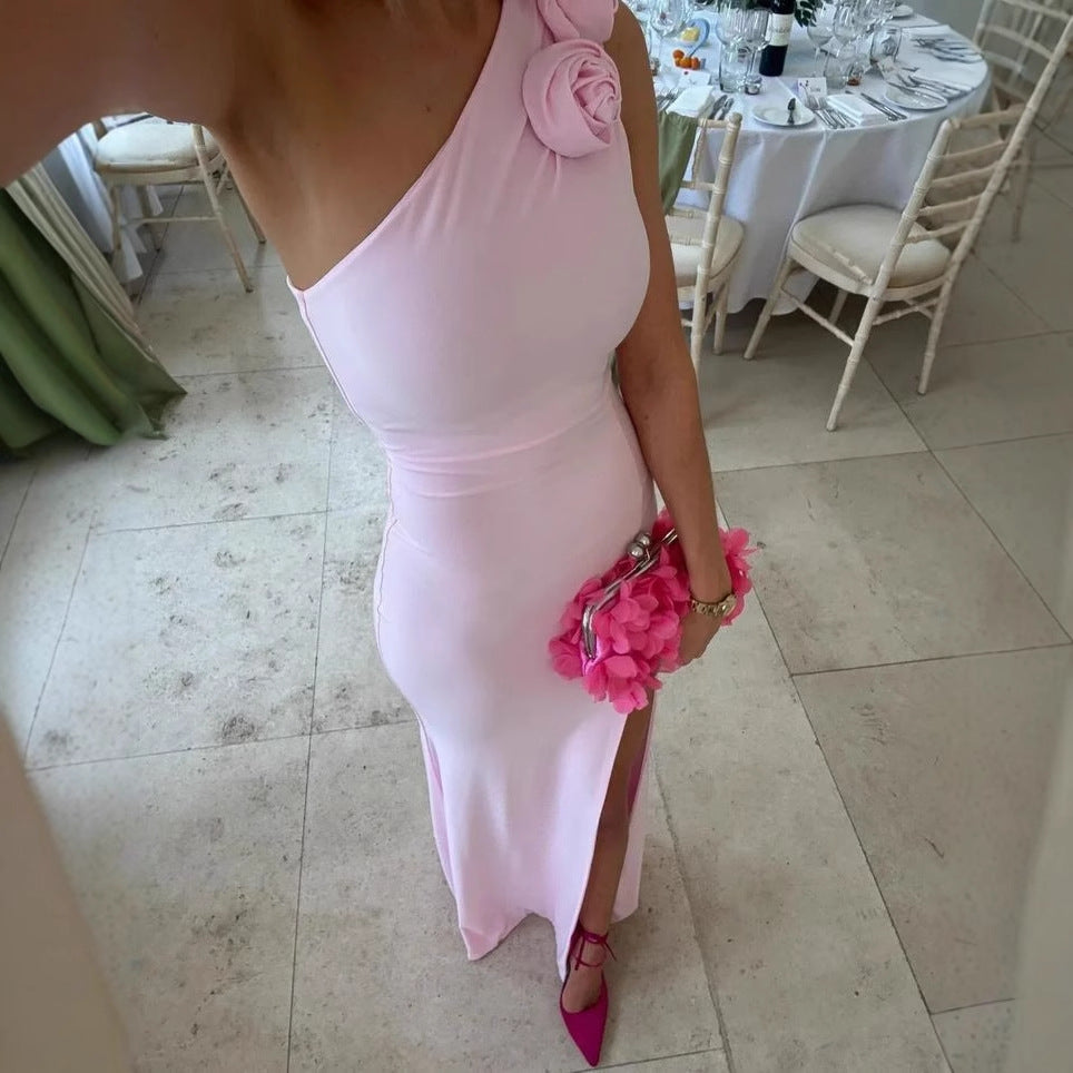 Women's new sexy slanted shoulder split skirt fashionable three-dimensional flower slim dress women