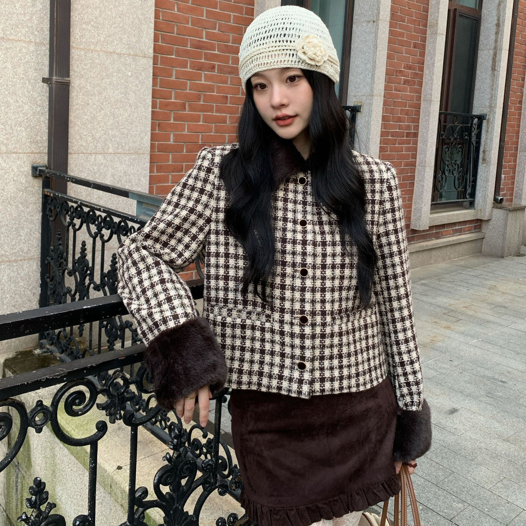Retro exquisite fluffy lapel tweed short coat