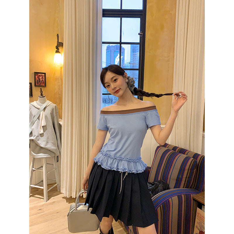 Contrasting slim T-shirt women's short-sleeved niche one-line collar top