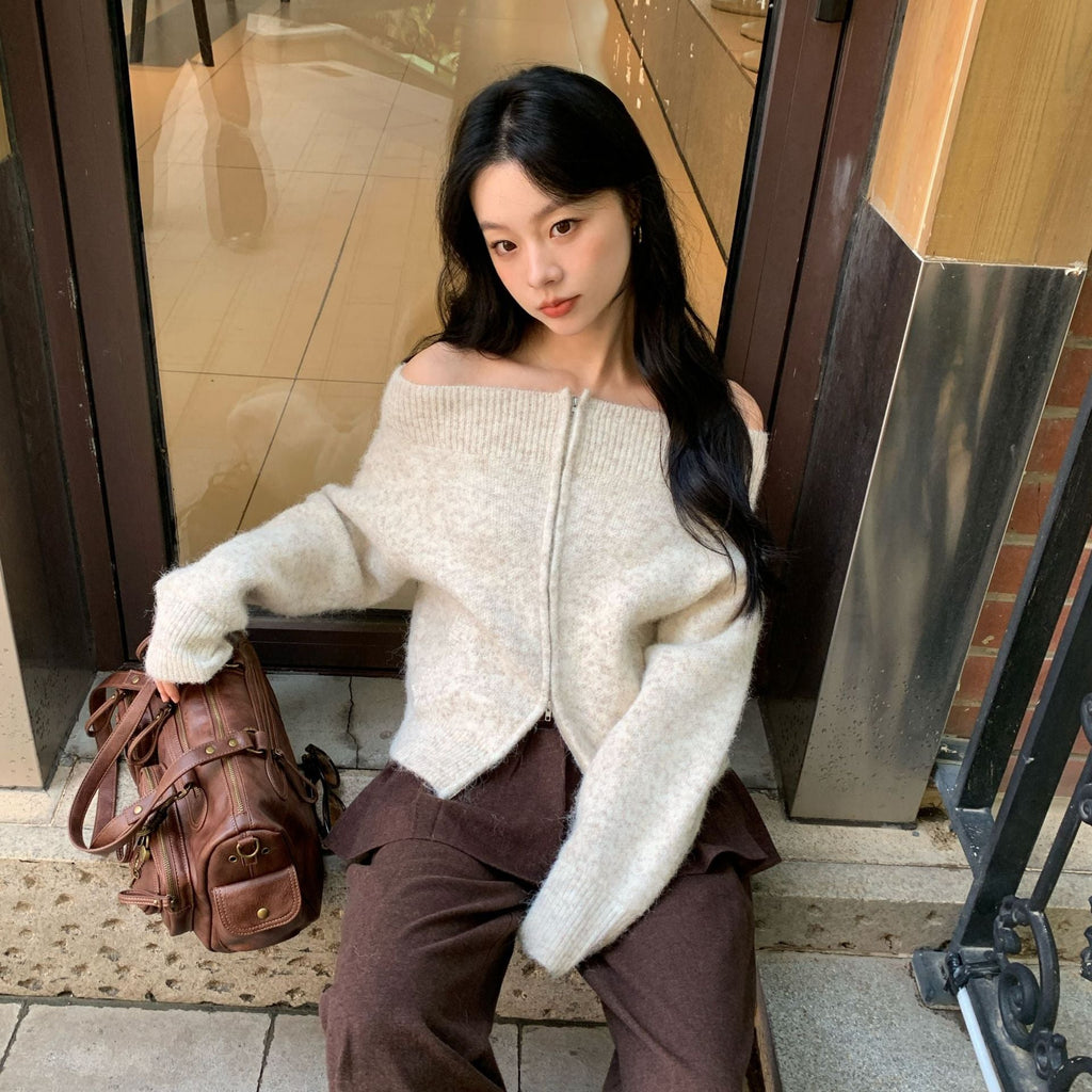 Zipper knitted cardigan one-word shoulder sweater