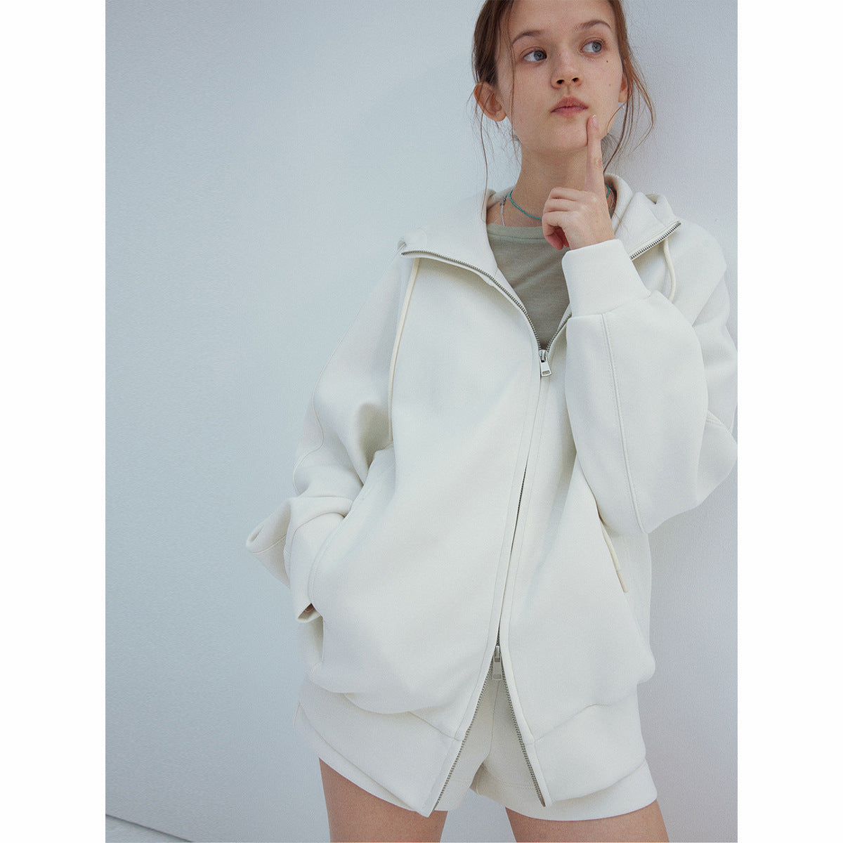 Spring casual hooded double-ended zipper simple air cloud sweater jacket