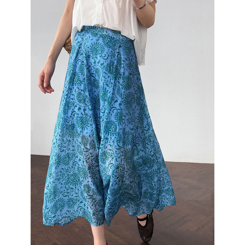 Korean versatile totem print elegant skirt women's summer new thin high-waisted A-shaped skirt