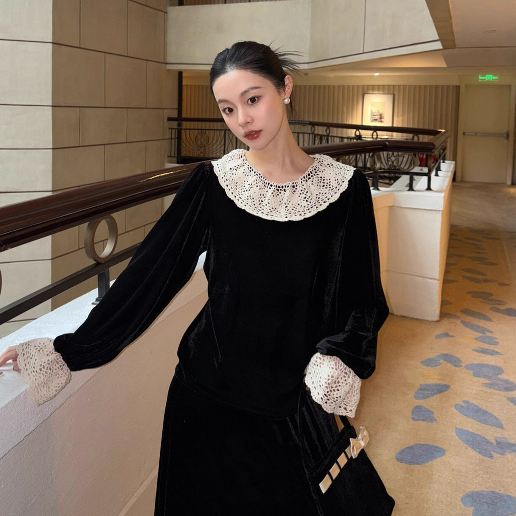 Gentle Wind Lace Splicing Long Sleeve Velvet Shirt