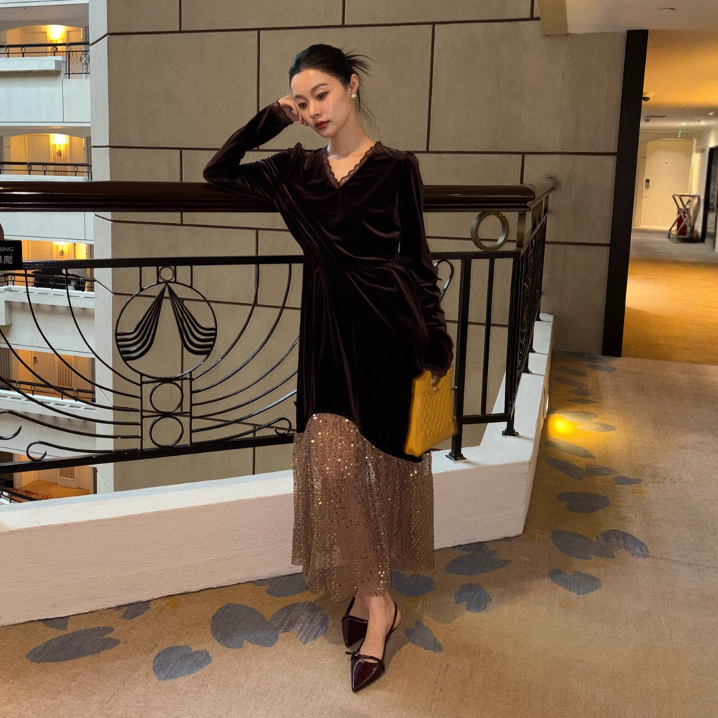 French elegance temperament heavy industry sequined evening dress velvet dress