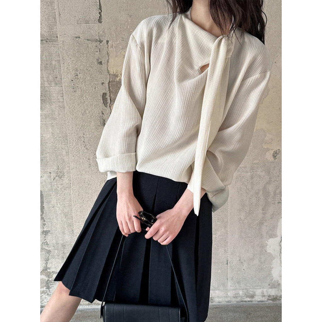 Retro temperament streamer texture shirt women's spring new lace-up slim commuter top