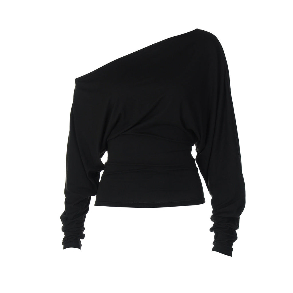 Diagonal Neck Off-Shoulder Long Sleeve Slim T-Shirt