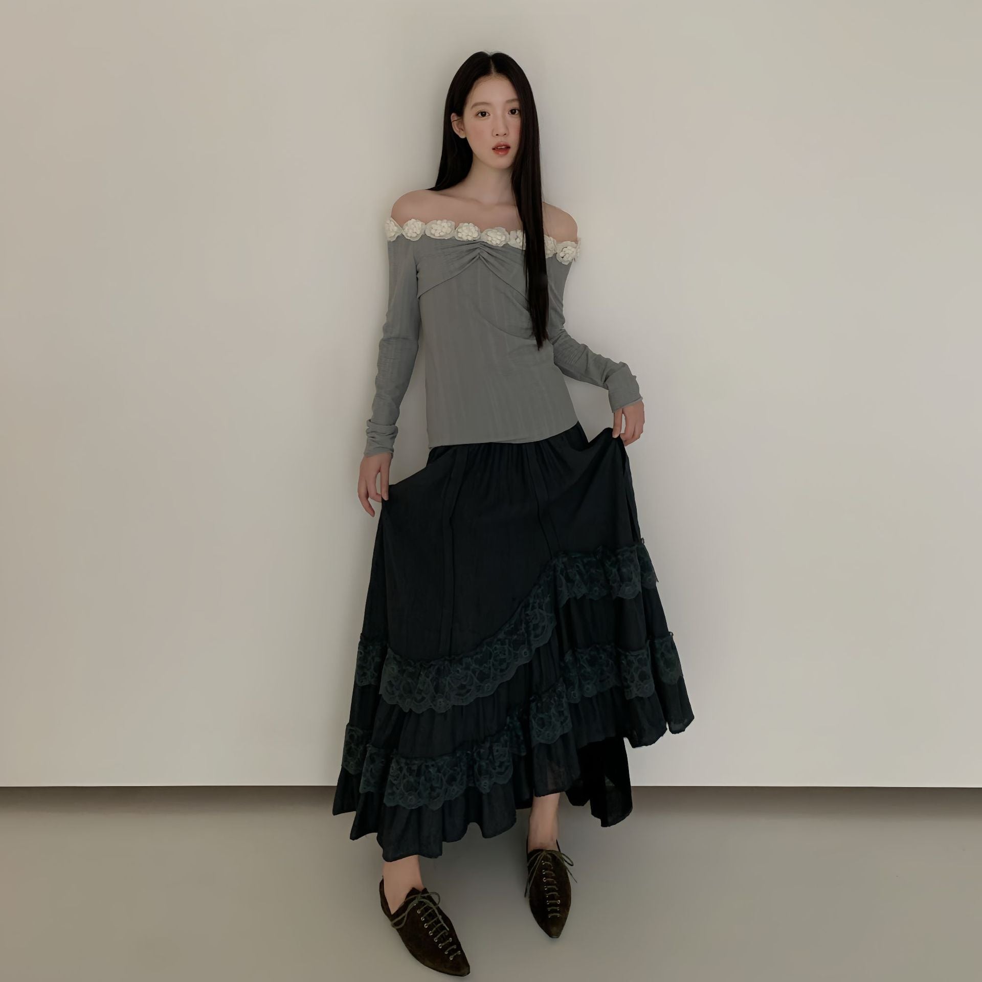 Mori girl atmosphere sweet elastic lace stitching skirt
