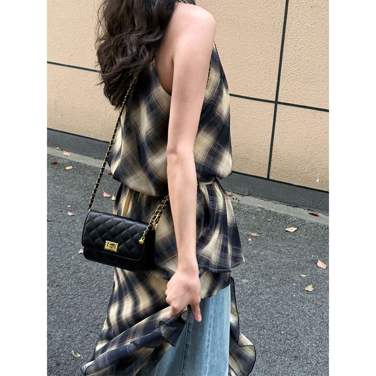 Korean design sense niche neck plaid dress women's summer new irregular thin dress