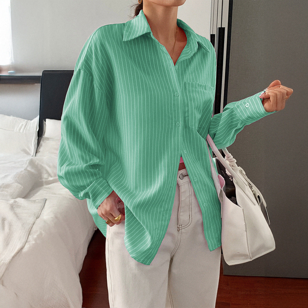 Striped Long Sleeve Blouse Women Loose Fit Round Neck Button-Up Shirt