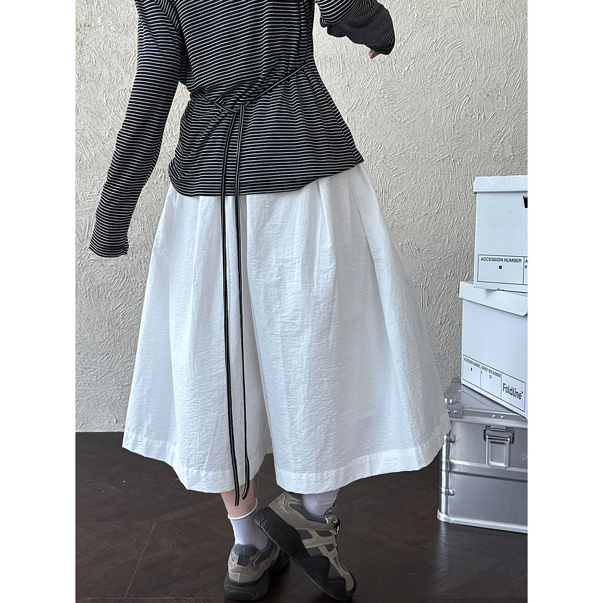 Design sense casual A-shaped loose wide-leg pants summer pleated elastic waist silhouette seven-point pants
