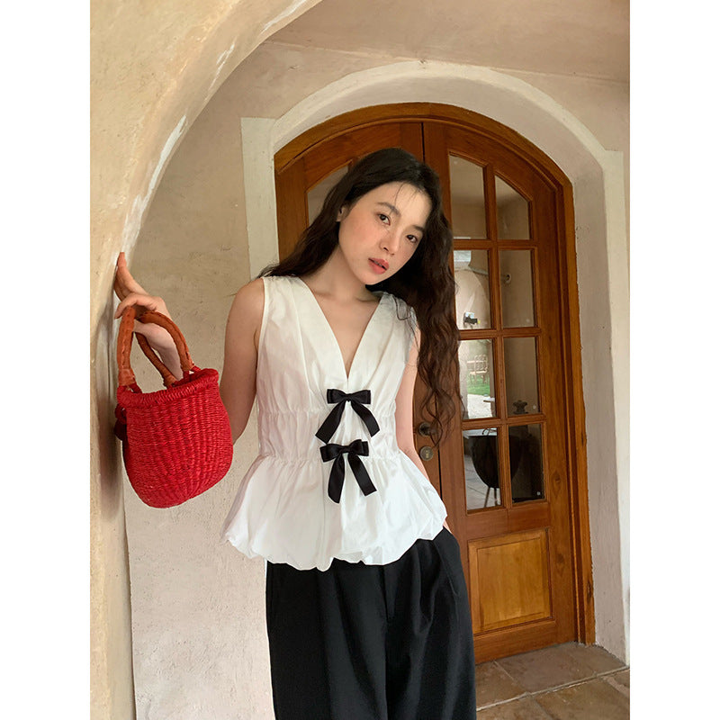 Cute bow age-reducing waist v-neck sleeveless top
