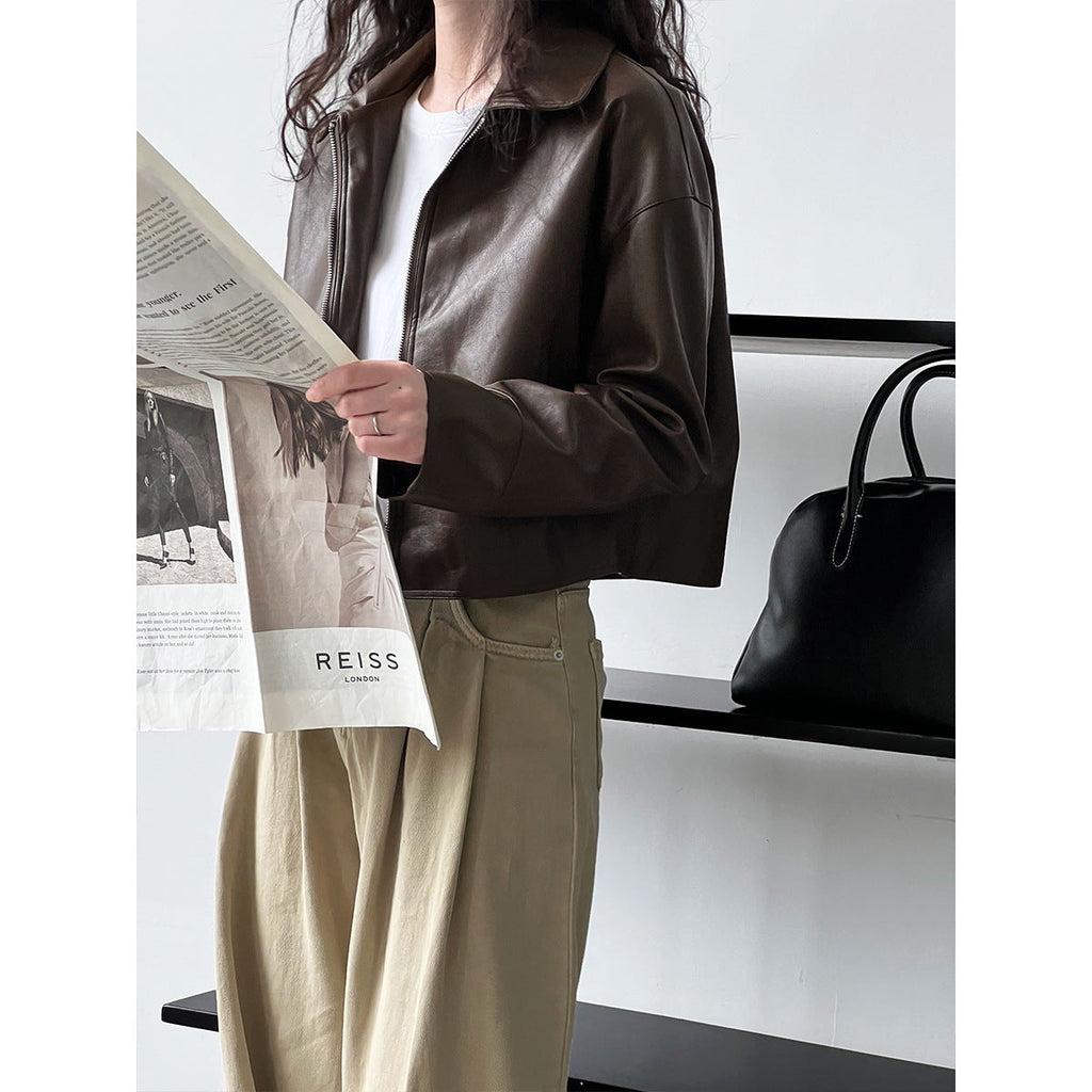 Cool and handsome high-end sense~ lapel leather jacket women's spring and autumn port style pu leather jacket locomotive top tide