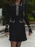 Lapel Long Sleeve Dress Women High Waist Color Block Knit Midi