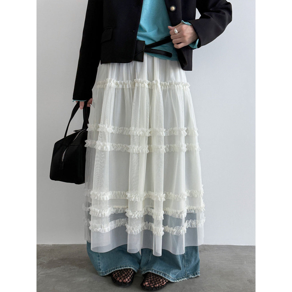 High-end fungus edge gentle temperament mesh long skirt women's spring new A-line cake skirt