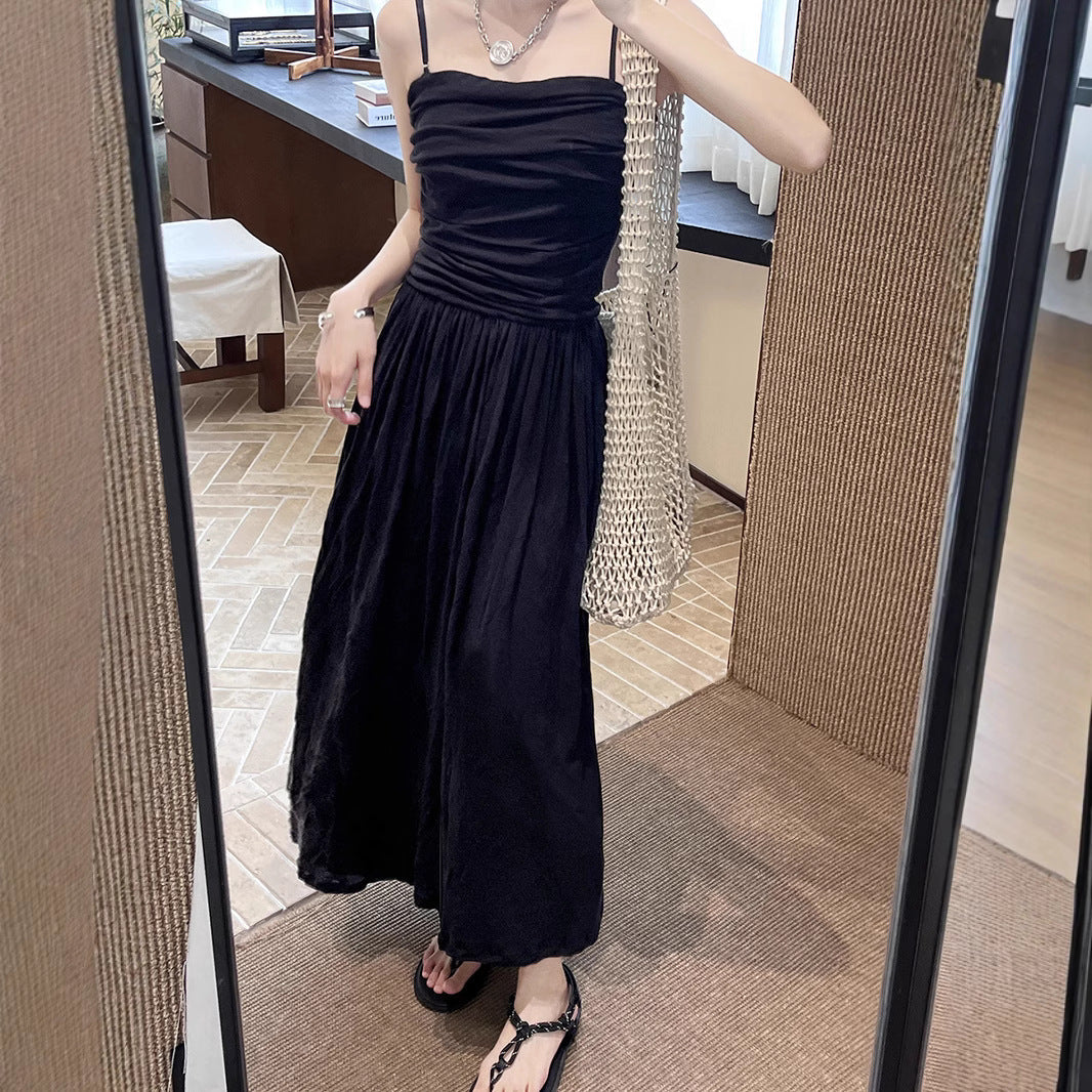 Sleeveless Pleated Dress Women Mid Waist Spaghetti Strap Maxi