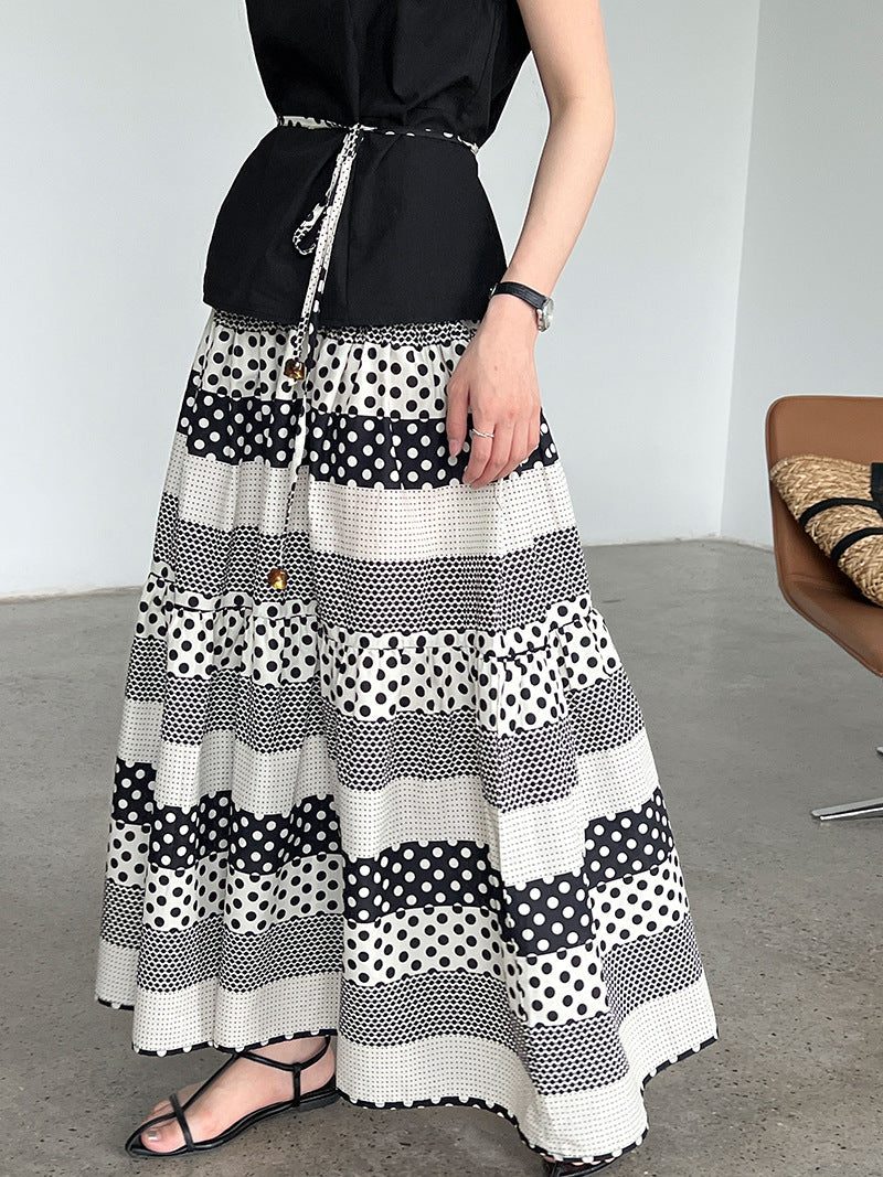 Korean simple flying sleeve top summer new polka dot contrasting color splicing skirt set