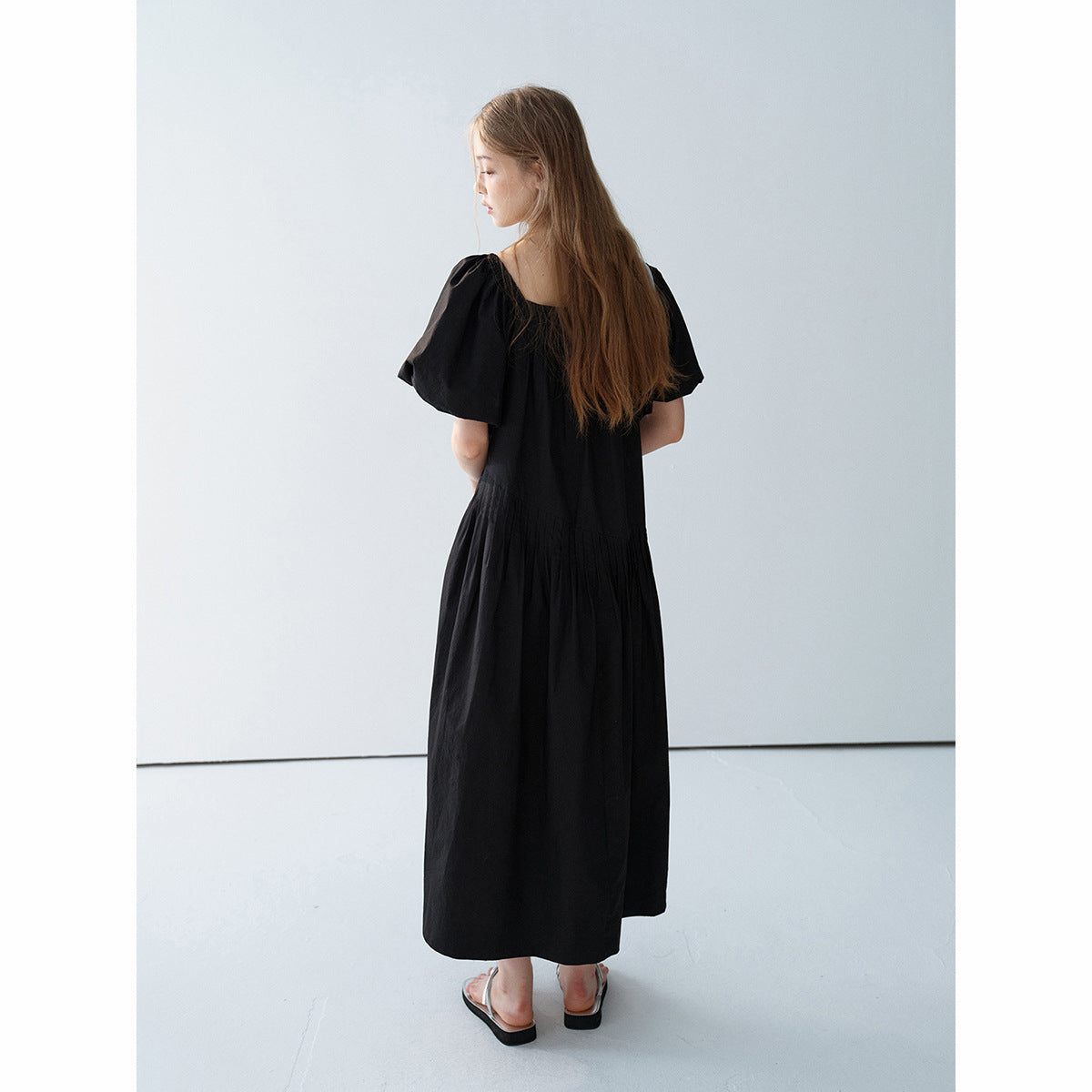 Summer new casual square collar cotton long loose tucker pleated long proportion dress