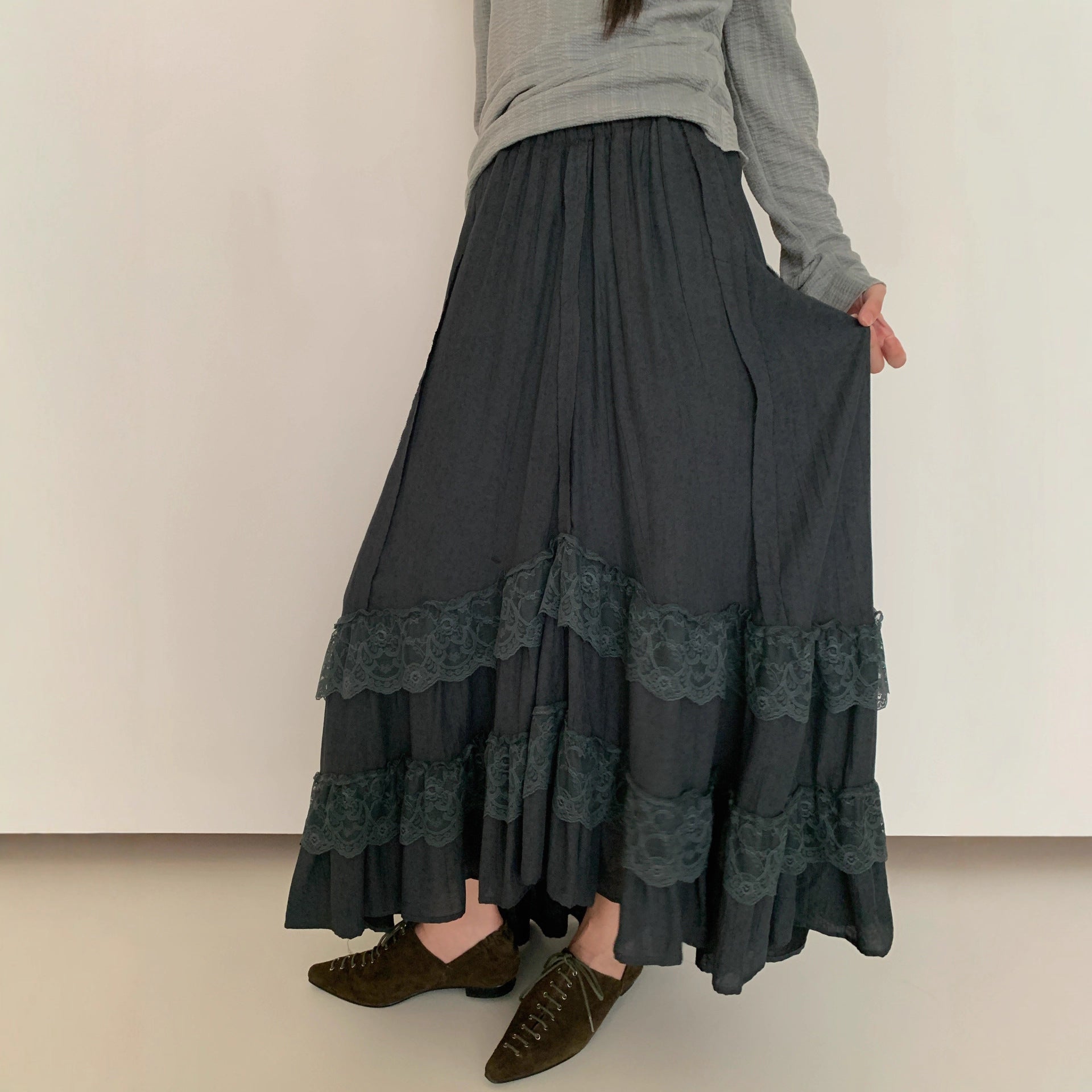 Mori girl atmosphere sweet elastic lace stitching skirt