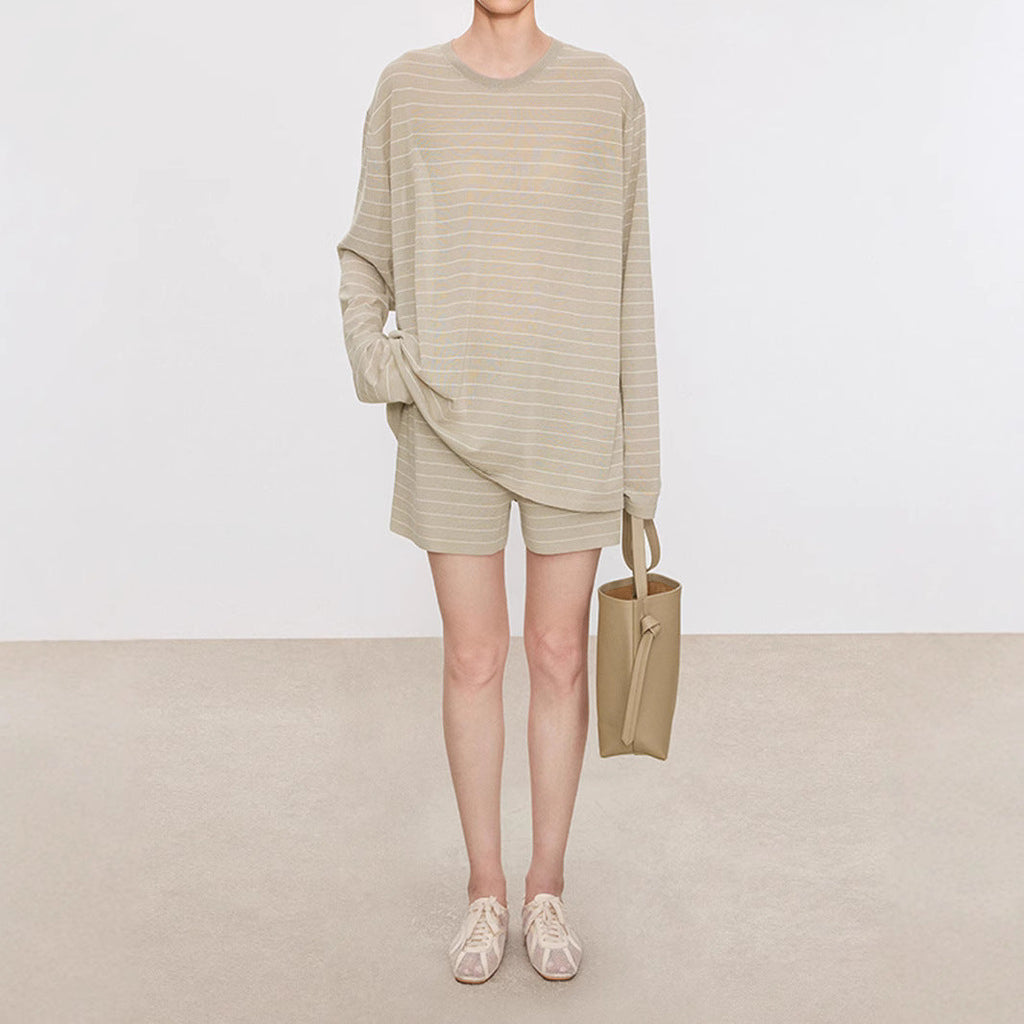 Striped Sweater Set Women Loose Fit Round Neck Long Sleeve Triacetate Cotton