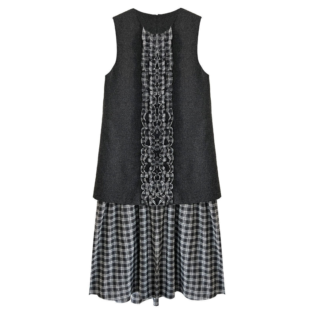 Japanese plaid fungus edge fishtail dress autumn and winter temperament petal woolen vest skirt