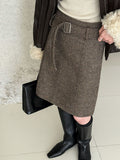 Retro high-waisted temperament and thin woolen skirt women's winter new belt versatile loose skirt