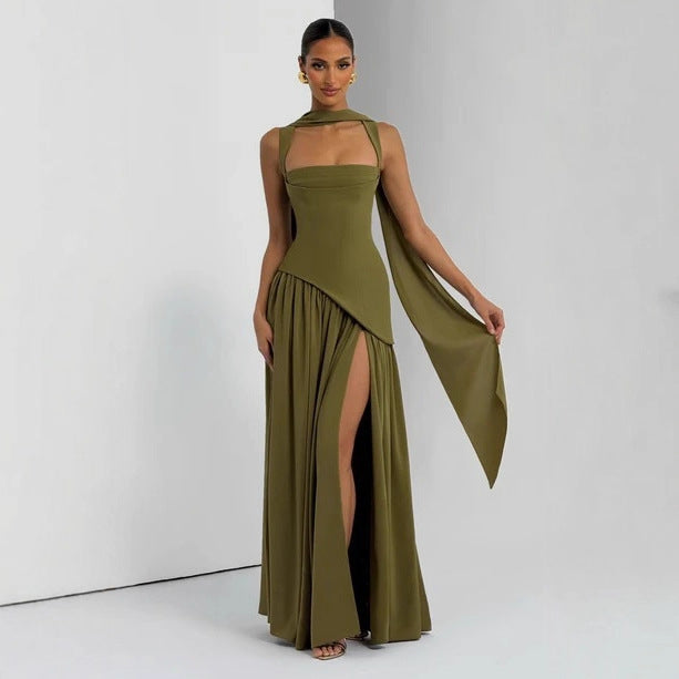 Stylish sexy suspender skirt slim strap split skirt backless streamer dress